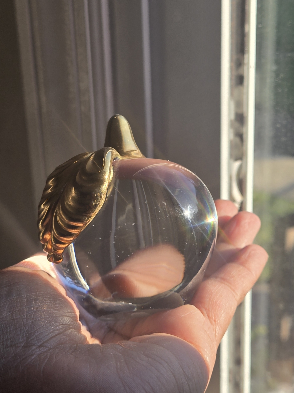 Vintage Glass Apple Paperweight with Brass Stem and Leaf - Picture 5 of 5
